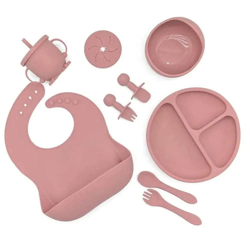 10 Item Set Pink Baby Feeding Starter Set Silicon ecofriendly baby led weaning supplies Baby Suction Bowls Divided Plates Straw Sippy Cup Toddler Feeding Utensils with Bibs baby spoon baby plates